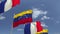 Waving flags of Venezuela and France on sky background, loopable 3D animation