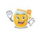 Waving friendly honey mascot in design style