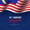 Waving Malaysian flag on confetti blue background, poster or ban