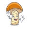 Waving orange cap boletus mushroom character cartoon