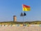 Waving red and yellow flag at the beach of domburg, zeeland, The netherlands, 26 august, 2019