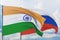Waving Russian flag and flag of India. Closeup view, 3D illustration.