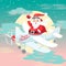 Waving Santa Claus flying on the plane with sack full of presetns. Flat style