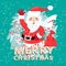 Waving Santa Claus iside the Christmas wreath with sack full of