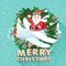 Waving Santa Claus on the plane iside the Christmas wreath with