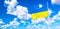 Waving Ukraine flag against blue sky with clouds. Peace for Ukraine concept
