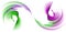 Wavy and arcing sheer striped elements, with green and purple accents, are layered and swirled on a white background. Icon, logo