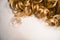 Wavy bleached golden blonde human hair weaves. Wavy ribbon synthetic ponytail hair extension. Beautiful wallpaper. Top view,  isol