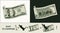 Wavy folded american 100 dollar banknote with front and reverse side. Falling, flying banknote. Cash money