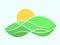 Wavy landscape with green hills and the sun. Dawn with green meadows in a minimalist style. Dawn over green fields. Design for