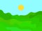 Wavy landscape with green hills and the sun on the horizon. Dawn with green meadows in a minimalist style. Design for posters,