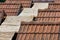 Wavy old sloping roofs made of clay tile and thatch