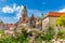 Wawel Cathedral, Cracow, Poland. View from courtyard with flowers.