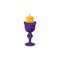 Wax candle in candlestick. Halloween candlelight with glowing light flame in holder. Helloween decor, candelabra. Flat