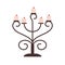 Wax candles in candlestick, candelabra holder. Candlelights in candelabrum with multiple arms, branches. Burning fire