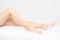 Waxing woman leg. Sugar hair removal. laser service epilation. Salon wax beautician procedure