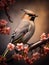 Waxwing bird sitting on a tree branch with pink cherry blossom flowers