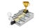 Way to Success Concept. Businessman Climbs the Stairs from the Dollars Money to the Career Gold Award Trophy. 3d Rendering