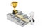 Way to Success Concept. Businessman Climbs the Stairs from the Dollars Money to the Career Gold Award Trophy. 3d Rendering