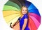 Ways to brighten your fall mood. Girl child ready meet fall weather with colorful umbrella. Ways to improve your mood in