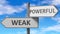 Weak and powerful as a choice - pictured as words Weak, powerful on road signs to show that when a person makes decision he can