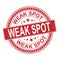 WEAK SPOT seal stamp. Red vector rounded grunge watermark with Weak title. Vector combination in flat style.