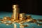 Wealth building Golden coins, ascending blue arrow signify economic growth