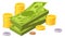 Wealth cartoon icon. Dollar banknotes and coin stacks