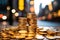 Wealth in the City: A Finance Scene of Stacked Coins and Bokeh Background