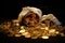 Wealth creation Stacking gold coins to fill a treasure sack