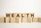 WEALTH message word on a wooden desk on cube blocks with a flower on background. Blocks with the word wealth