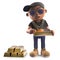 Wealthy black hiphop rapper in baseball cap counting his gold bars of bullion, 3d illustration