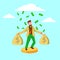 Wealthy businessman with bags of money illustration. Sudden jackpot huge financial profits and successful economy.