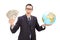 Wealthy businessman holding money and a globe