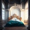 Wealthy rich room. Glamorous, elegant baroque dream bedroom design interior. Turquoise, blue colour, no people. white