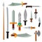 Weapon collection swords, knifes, axe, spear with gold handles cartoon vector illustration.
