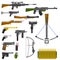 Weapons guns pistols submachine assault rifles sniper knife handgun bullets icons vector illustration.