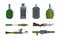 Weapons. Heavy artillery military items grenade launchers bazookas bombs explosives detonators tnt garish vector cartoon
