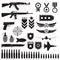 Weapons and military set. Sub machine guns, pistol and bullets black icons isolated on white background. Symbolics and badge for a