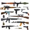 Weapons vector collection. Pistols, submachine guns, assault and sniper rifles, knife, grenade