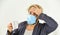 Wearing mask protect from coronavirus. Quarantine concept. Protect against coronavirus. Guy in mask drink tea or coffee