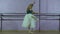 Wearing pointe shoes ballerina dances near barre in dancing hall