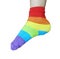 Wearing Rainbow sock on feet isolated.