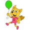 Weasel kid is walking happily carrying green balloons, doodle icon image kawaii