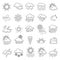 Weather doodle icons, clouds and snow, sun and tornado. Isolated line meteorology symbols, various seasons. Raindrops