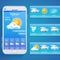 Weather forecast app on smartphone screen and realistic vector icons