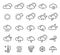 Weather forecast, climate outline icons set isolated on white. Cloudy, sunny, clear, rainy.