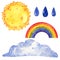 Weather forecast clipart set, sun, cloud, raindrops, rainbow, hand drawn watercolor