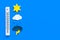 Weather forecast concept. Air temperature. Termometer among cloud and lightening, sun, rainy clouds on blue background