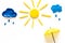 Weather forecast concept. Sunny and rainy. white background top view copy space